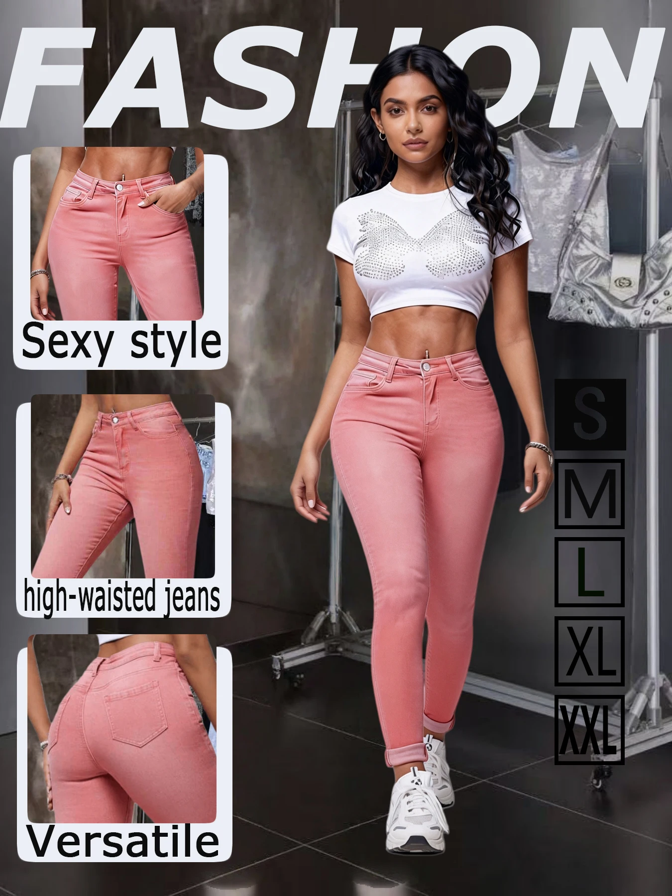 Pink Cuffed High Waist Stretch Skinny Slim Fashion Trendy Casual Women's Jeans