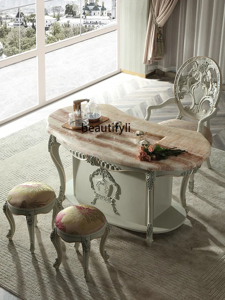 Court French beech tea table combination European solid wood marble tea table household kung fu tea table