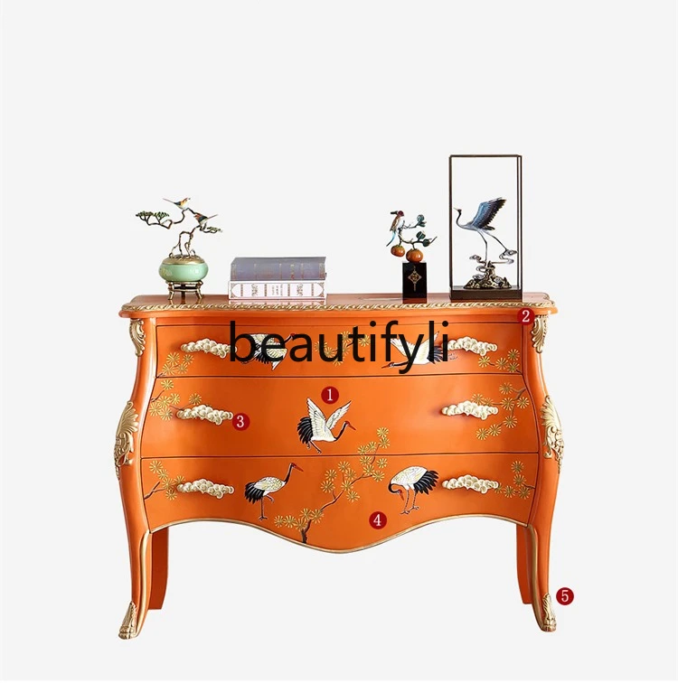 

2024 new French Chinese style retro orange painted crane entrance entrance bedroom bedside TV cabinet