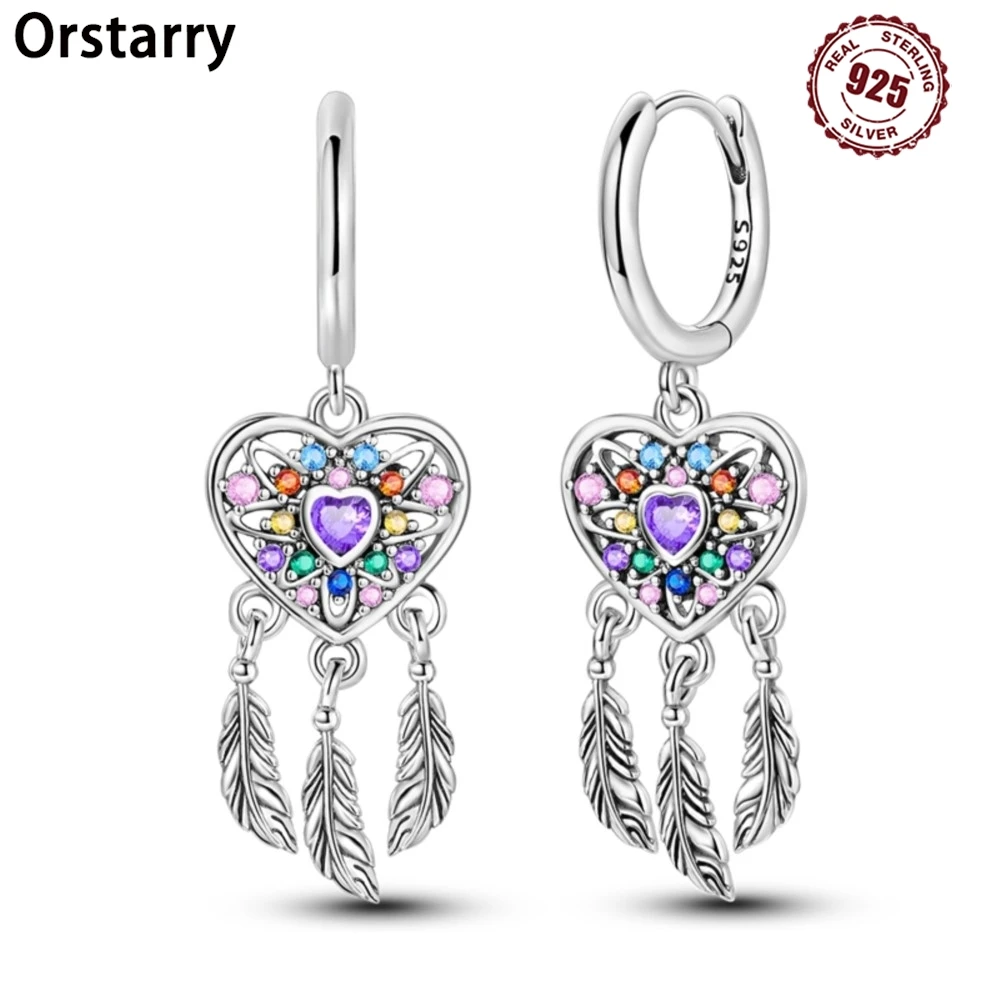 Orstarry 925 Sterling Silver Dreamy Heart-shaped Catcher Drop Earrings Women Earrings Charm Fashion Versatile Party Jewelry Gift