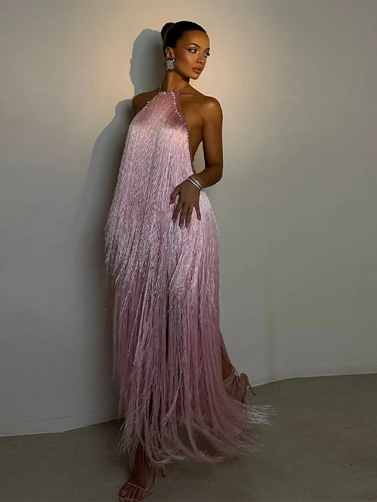 Vestido de Fiesta para Mujer, Halter sin Mangas, Espalda Descubierta, con Borlas, Largo, para Vacaciones, Verano 2026, Elegante