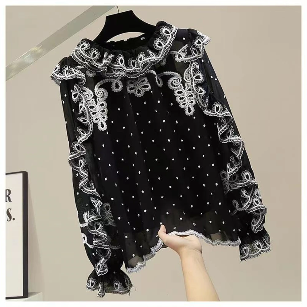 Blusa chiffon bordada para mulheres, manga comprida, camisa com gola de boneca, top solto, elegante e elegante, primavera e verão, 2024