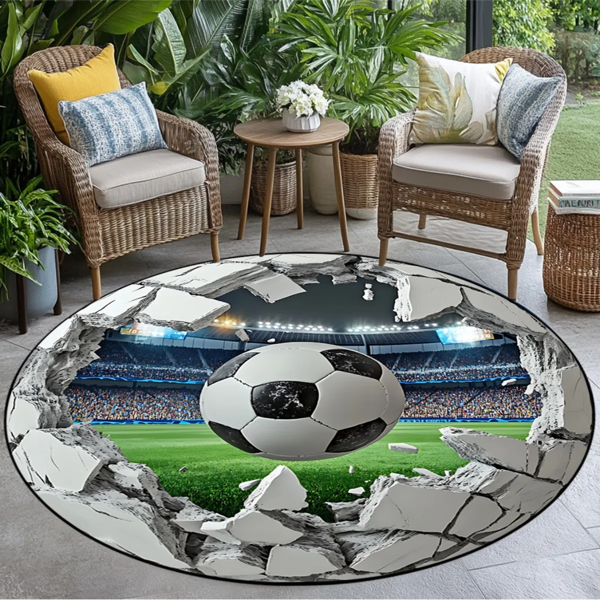 3D Football Field Round Area Rug, Realistic Soccer Green Turf Pattern Circular Floor Mat for Kids Room Game Room Home Decor