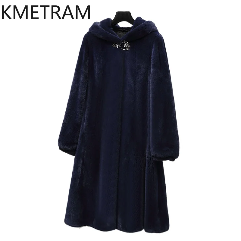 سترة KMETRAM 100% من فرو المنك الطبيعي بالكامل للنساء باللون الأزرق الداكن معطف طويل من الفرو الحقيقي مع غطاء محرك السيارة معاطف شتوية لعام 2025 ملابس نسائية