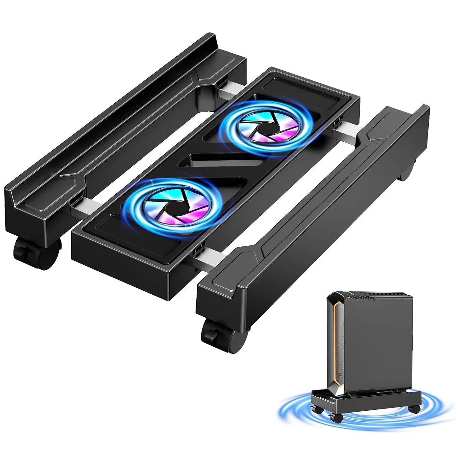 Support réglable pour processeur avec ventilateur de refroidissement et éclairage LED, support pour tour d’ordinateur avec 4 roulettes, chariot de sol pour PC, idéal pour les bureaux, les foyers et les salles de classe.
