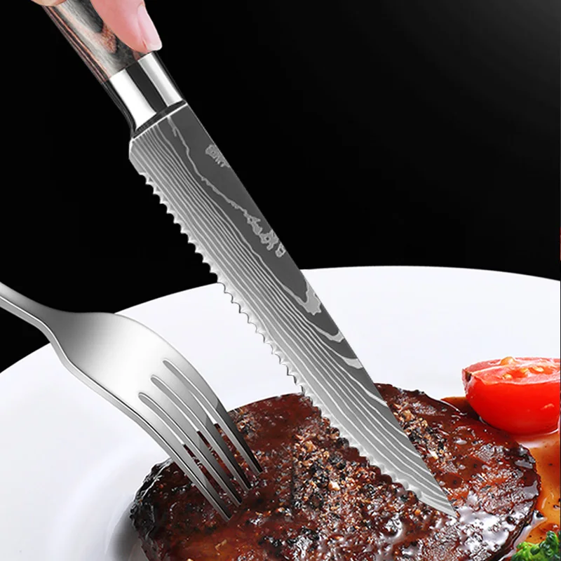 Damascus Steak Knife Set Meat Cleaver Stainless Steel Sharp Serrated Dinner Knives Beef Fruit Cutting Bread Knife Cooking Tools