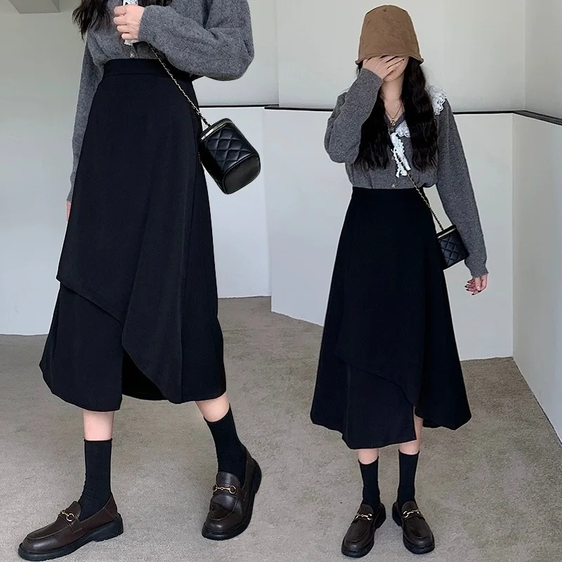 Black Midi Skirt for Women In Spring and Summer Long and Irregular Suit A-Line Skirt High Waist and Crotch Covering Skirt