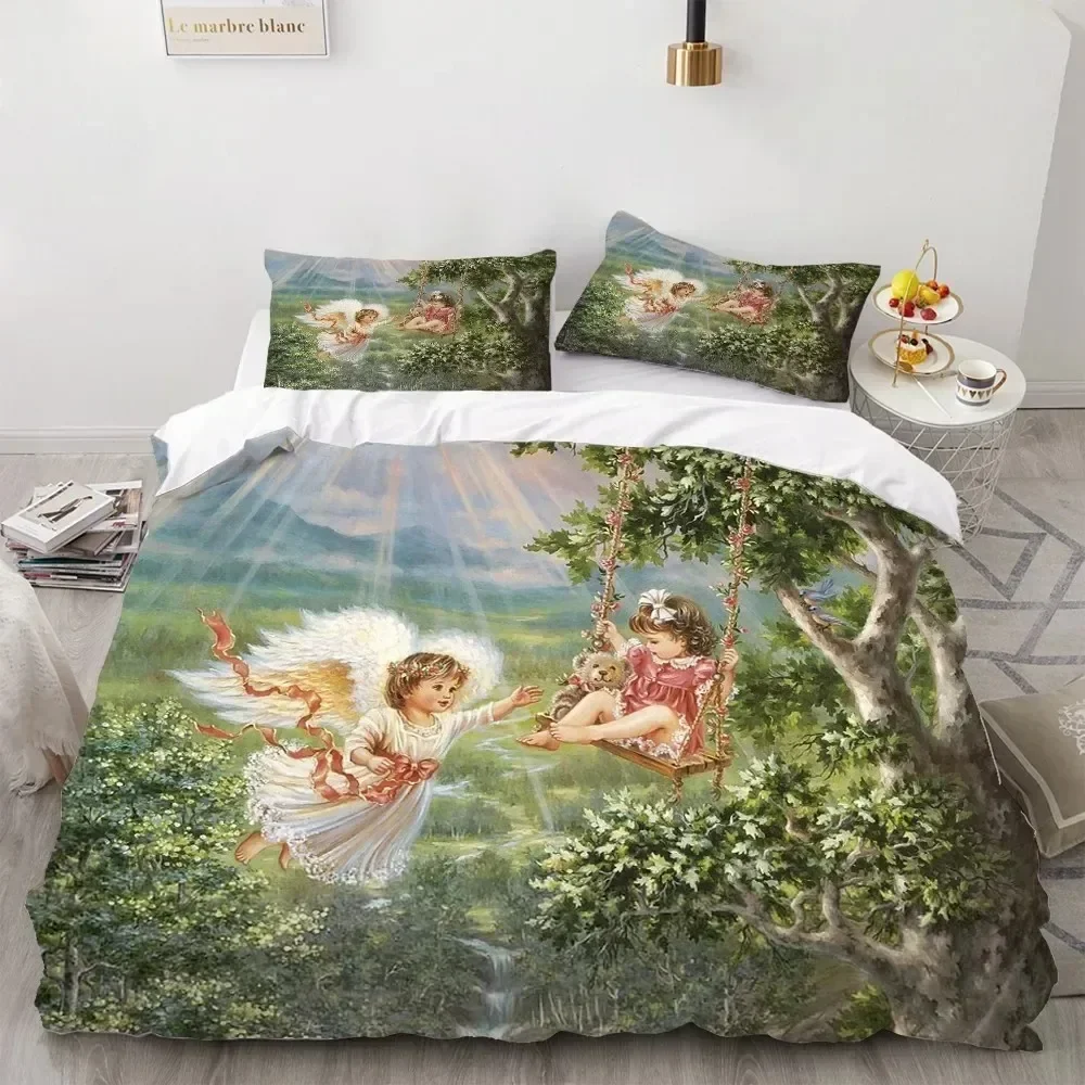 Angel Oil Painting Bedding Set Ancient Art Duvet Cover Cartoon Warm Bed Quilt Cover Kids Bedroom Bed Cover Set Green