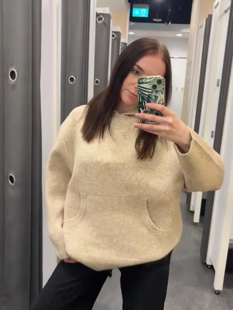 سترة نسائية محبوكة بقلنسوة غير رسمية متطابقة تمامًا مع سترة خضراء فضفاضة بأكمام كاملة وجيب للسيدات بلوفر نسائي للخريف والشتاء