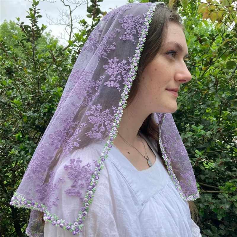 Mantilla de borde de flores en forma de D para mujer, cubierta de cabeza de Iglesia, encaje bordado, púrpura claro, rosa, lila, oración de masa Latina