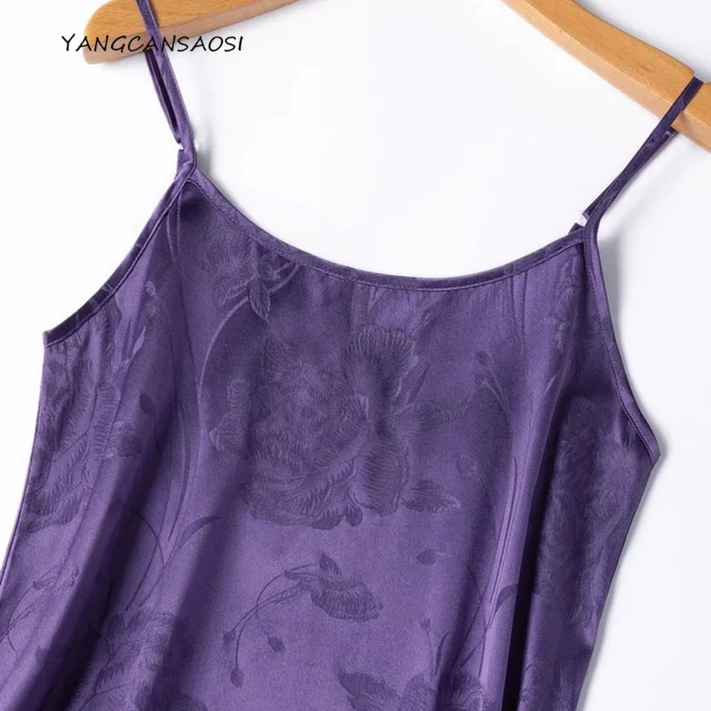 

Women's Fashion Clothing Luxury 100% Natural Mulberry Silk Relief GuanLe Satin Extended Strap Purple Peony Jacquard Party Dress