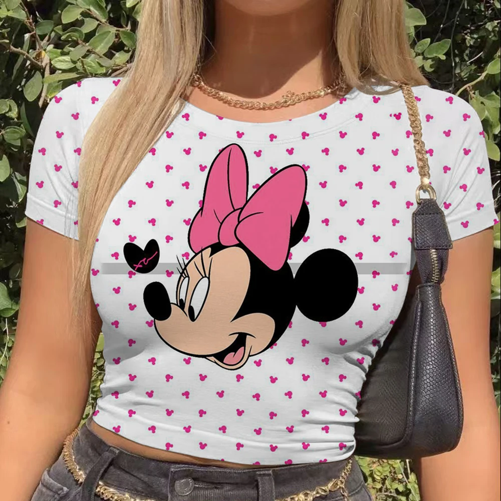 Damski sweter dziergany, dopasowany T-shirt, damski top na szydełku z krótkim rękawem, odkrywający pępek, z motywem Myszki Miki, nowy, damski, letni.