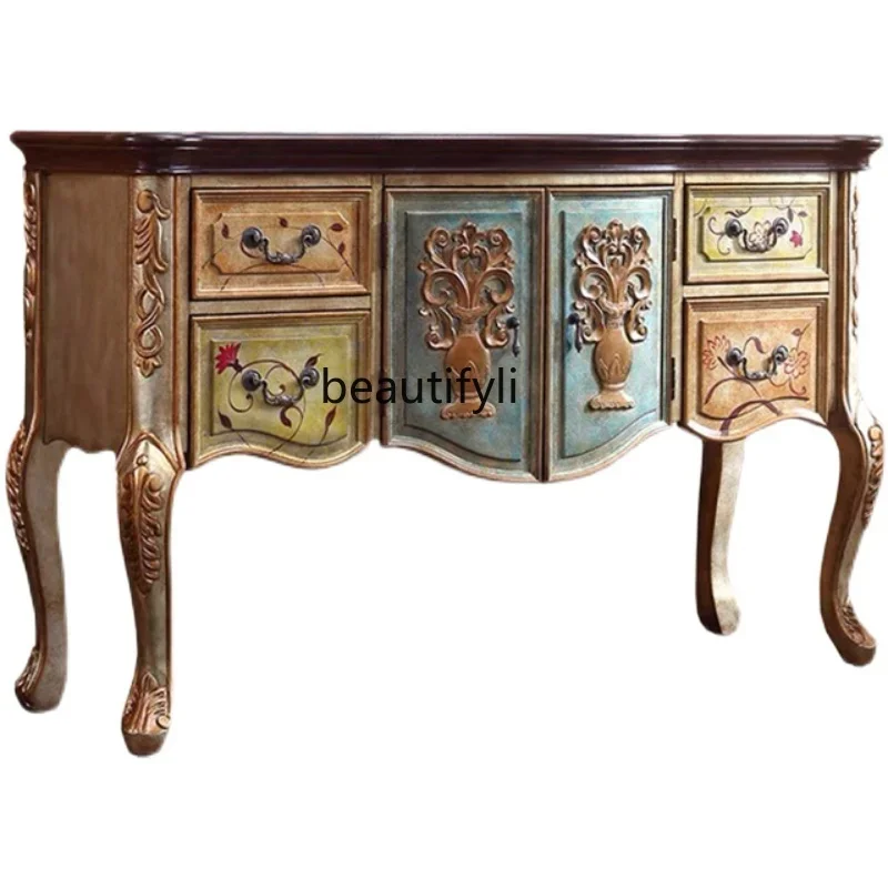 

American-Style Retro Solid Wood European-Style Carved Living Room Wall Sideboard Cabinet Corridor Entrance Foyer Console