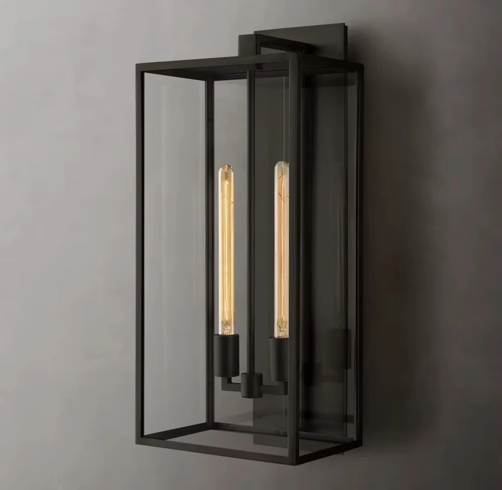 Antique solid brass wall lamp American design loft retro home villa black exterior waterproof lantern glass wall lamp