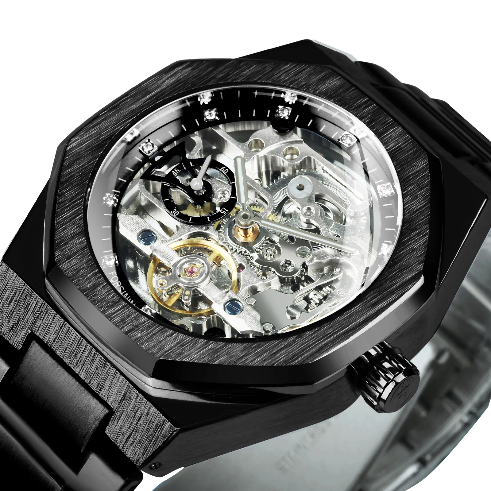 Forsining Irregular Luxury Skeleton Automatic Mechanical Watch for Men Fashion Diamond Luminous Tourbillon Watches Steel Strap