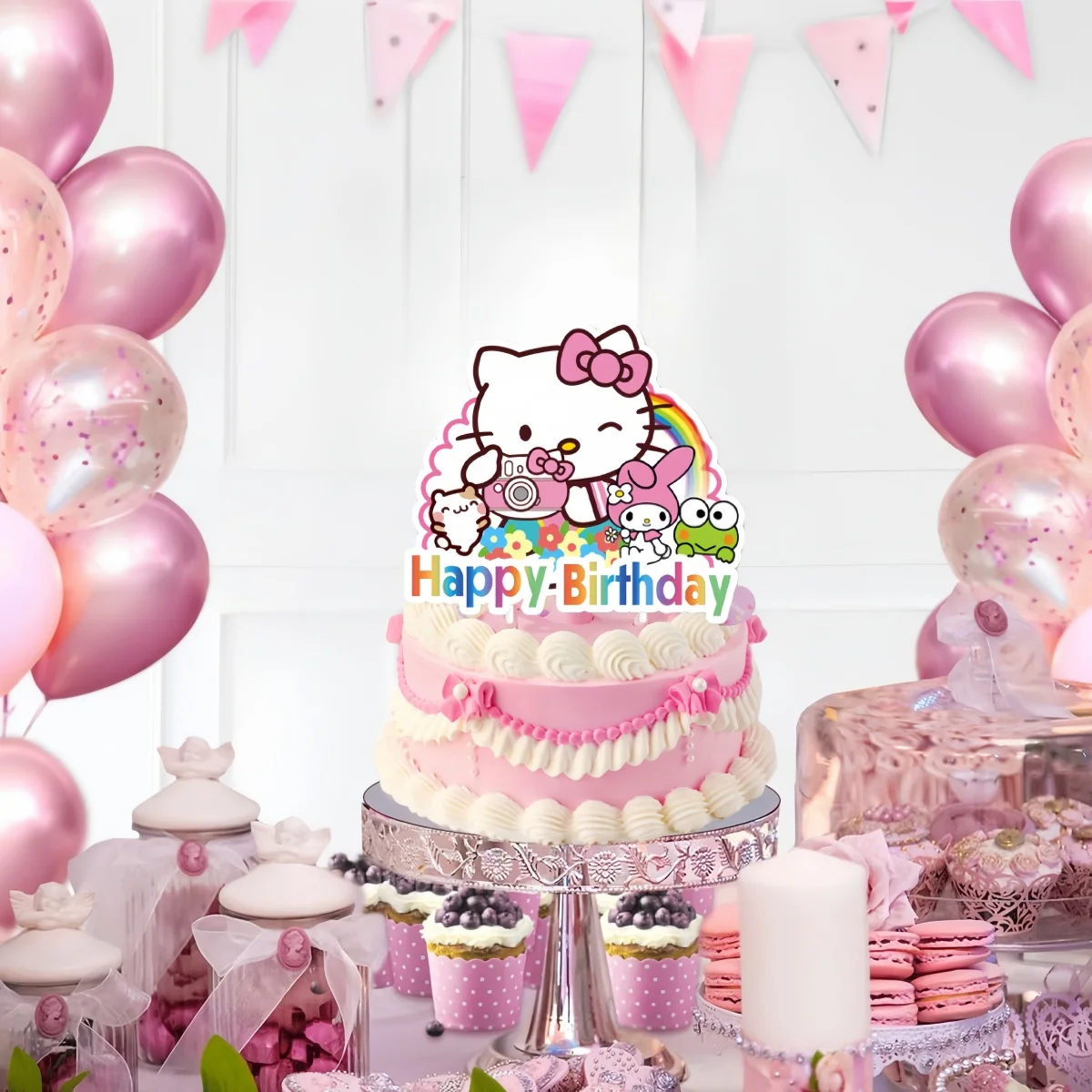 Hello Kitty Happy Birthday Acrylic Cake Topper Party Decoration Cat Dog Cake Decor Flag Baby Shower Baking Supplies Girl favor