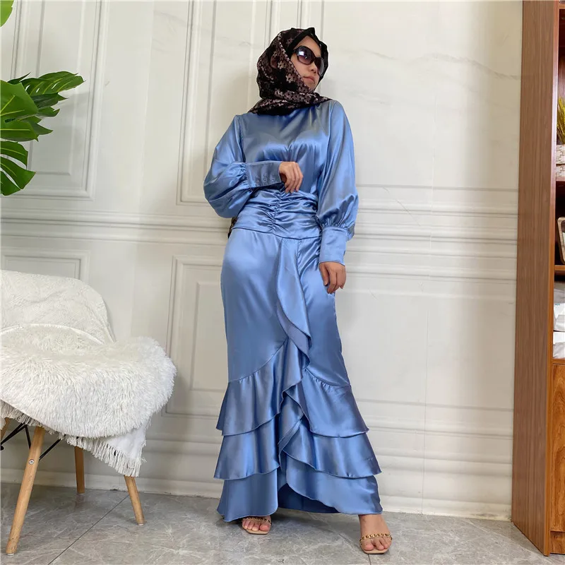 Satin Ruffles Tops Maxi Skirt 2 Piece Set Eid Ramadan Muslim Dress Women Dubai Abaya Turkey Kaftan Islamic Jalabiya Suit Outfits