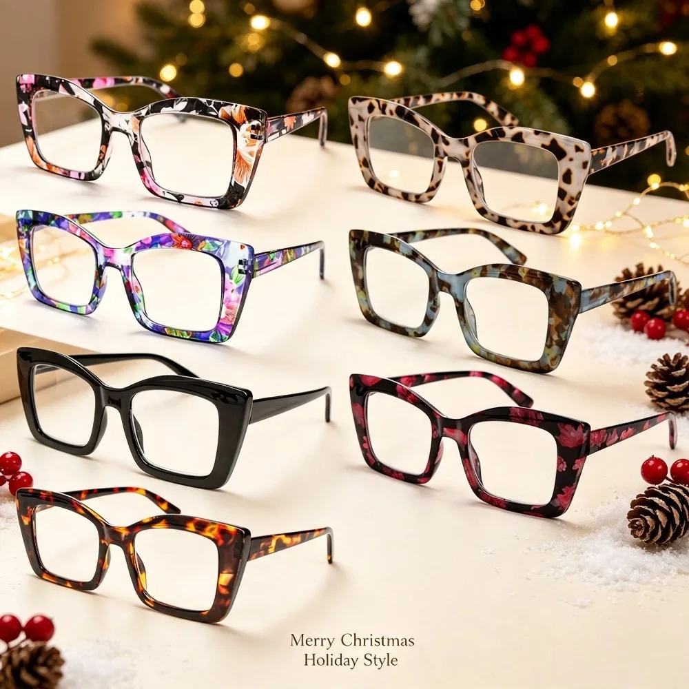 7-Piece Lady's Reading Glasses with Spring Hinges - Retro Style, Comfortable Fit, 1.0 to 4.0 Magnification, Print Design, Durable PC Frame for Women for Everyday Use, Stylish Glasses, Random Colors, Recommended Christmas and Halloween Gifts