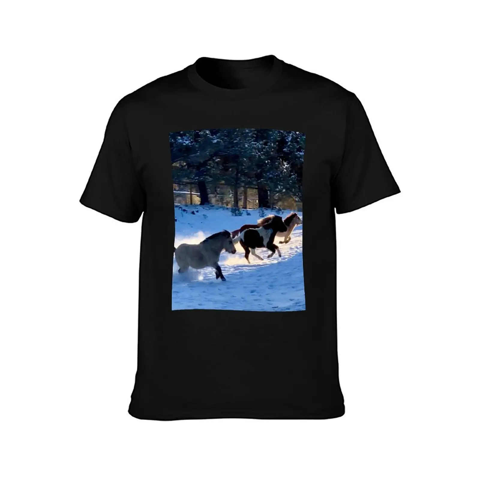 Miniature Mini Horses Winter Snow Running T-Shirt Active Sports Short Sleeve Cotton Shirt