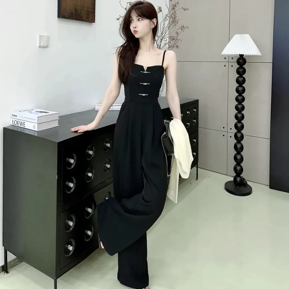 2024 Spring Summer New Petite Waist Cinching High Camisole Straight Leg Jumpsuit For Women Wide Leg Casual Pants Sling Romper