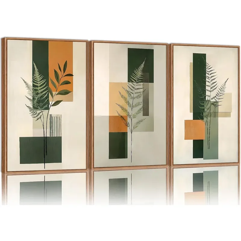 Sage Green Fern Leaf Framed Canvas Wall Art Boho Abstract Wall Decor Rustic Neutral Modern Botanical Art Print Beige