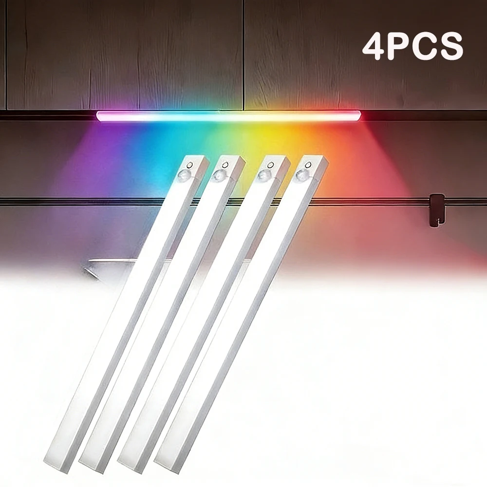 Lot de 4 lampes LED RGB pour armoire, barre lumineuse à détecteur de mouvement, rechargeable, magnétique, sans fil, pour placard, ambiance gaming, 5 modes, veilleuse
