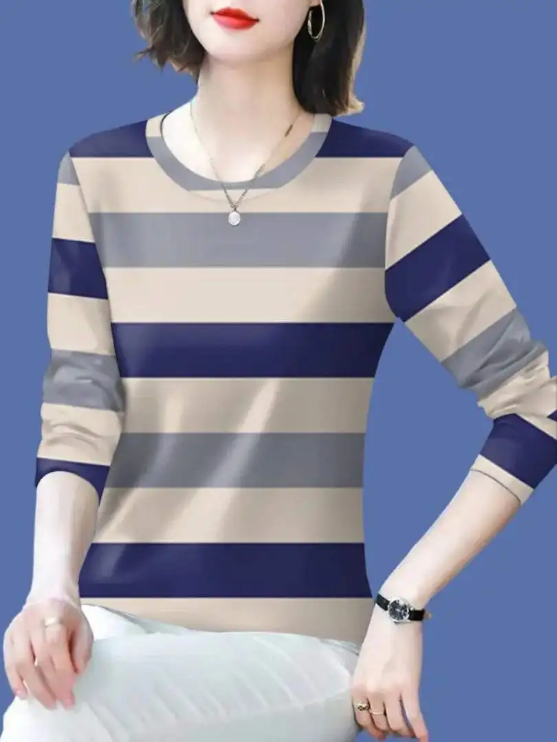 Anti-Aging Belly Concealing round Neck Long Sleeve T-Shirt Women's Fashionable Striped Base Shirt Inner And Outer Wear Thin
