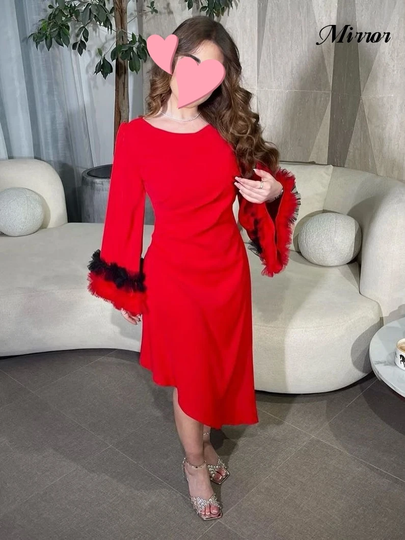 

Mirror Dress Elegant Vintage Sexy Red Ruffle Asymmetrical Ankle Length Customize Formal Occasion Prom Dress Evening Party Gowns