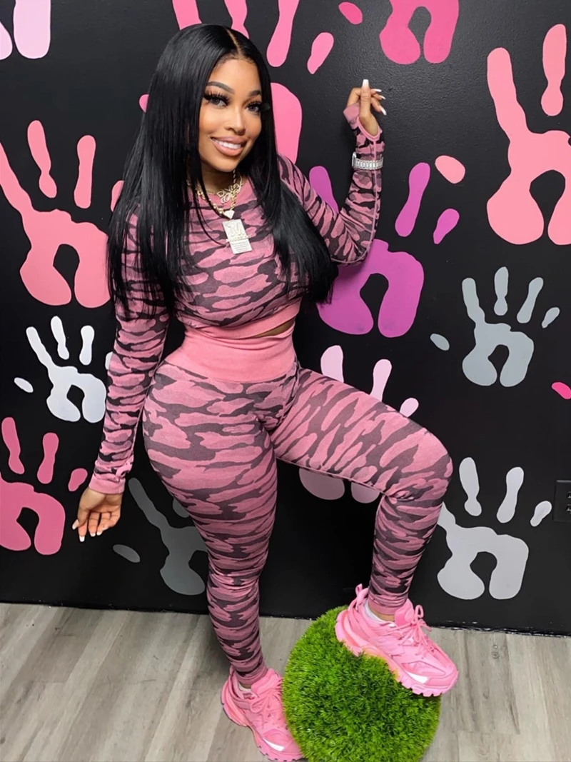

STYLISH LADY Camouflage Printed 2 Piece Set Women Long Sleeve T Shirt and Skinny Pant Suits 2024 Summer Sexy Club Tracksuits