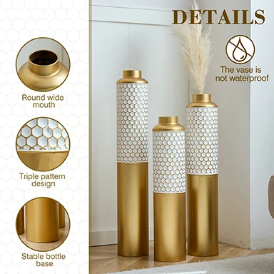 Decorative Metal Vases Set of 3, Gold and White Hexagonal Pattern Floor Vases, 32.6 28.34 24 Inch Tall for Home Decor, Modern
