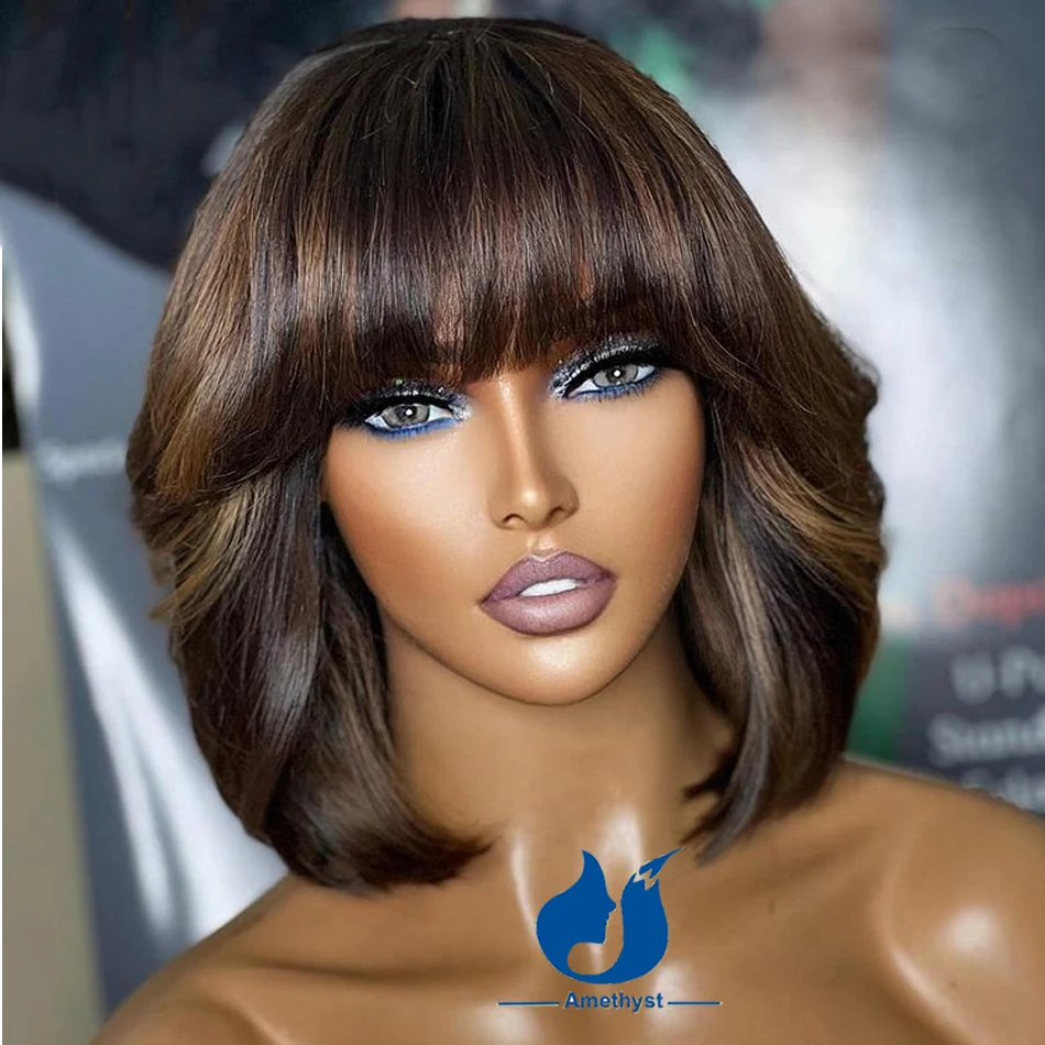 Amethist Bruin Highlight Short Bob Golvend Braziliaans Menselijk Haar Full Machine Made Scalp Top Pruiken Met Pony Voor Vrouwen