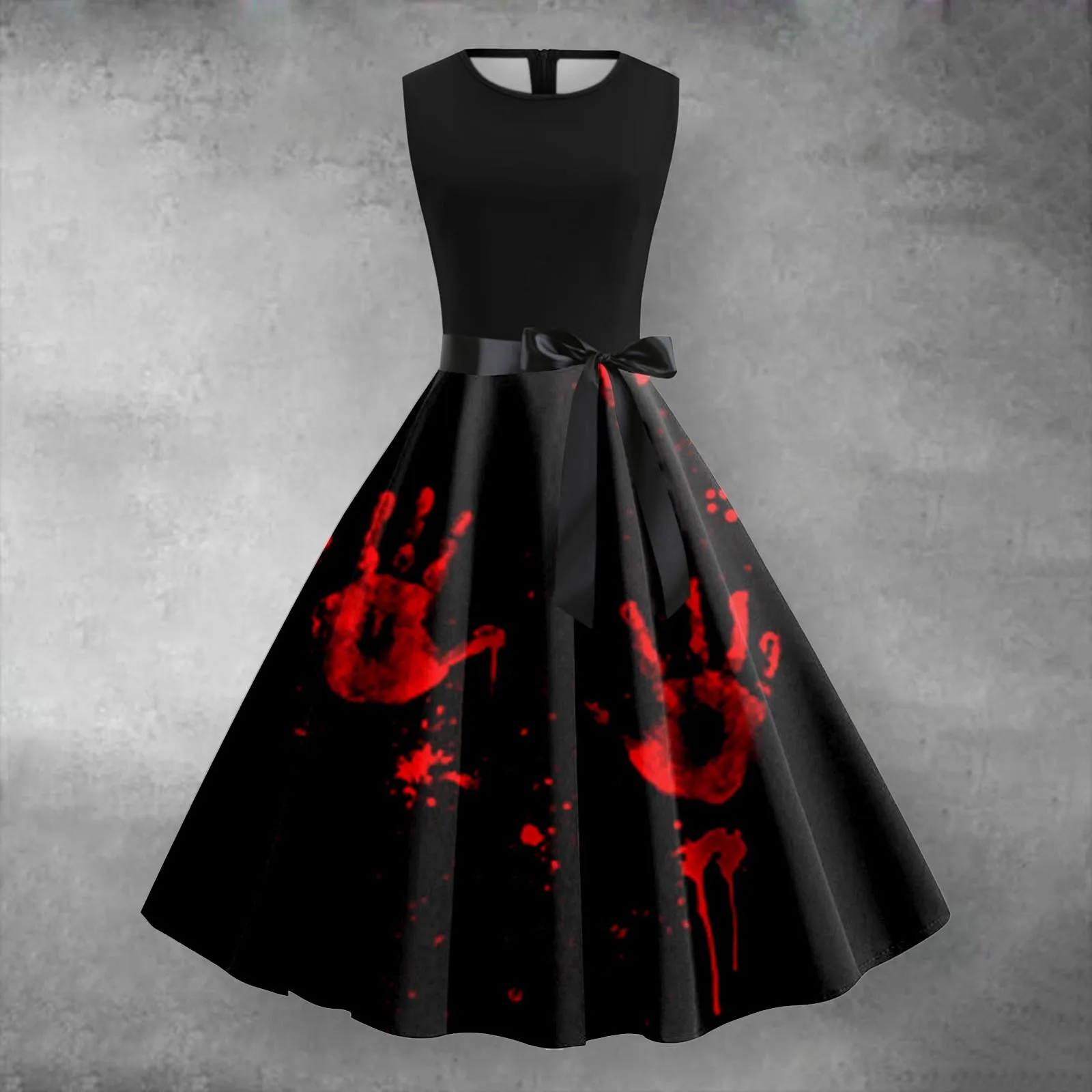 

Vintage Halloween Bloody Print Dress Sleeveless 1950s Evening Swing Party Prom Dress Gothic Square Sleeveless Vestidos For Women