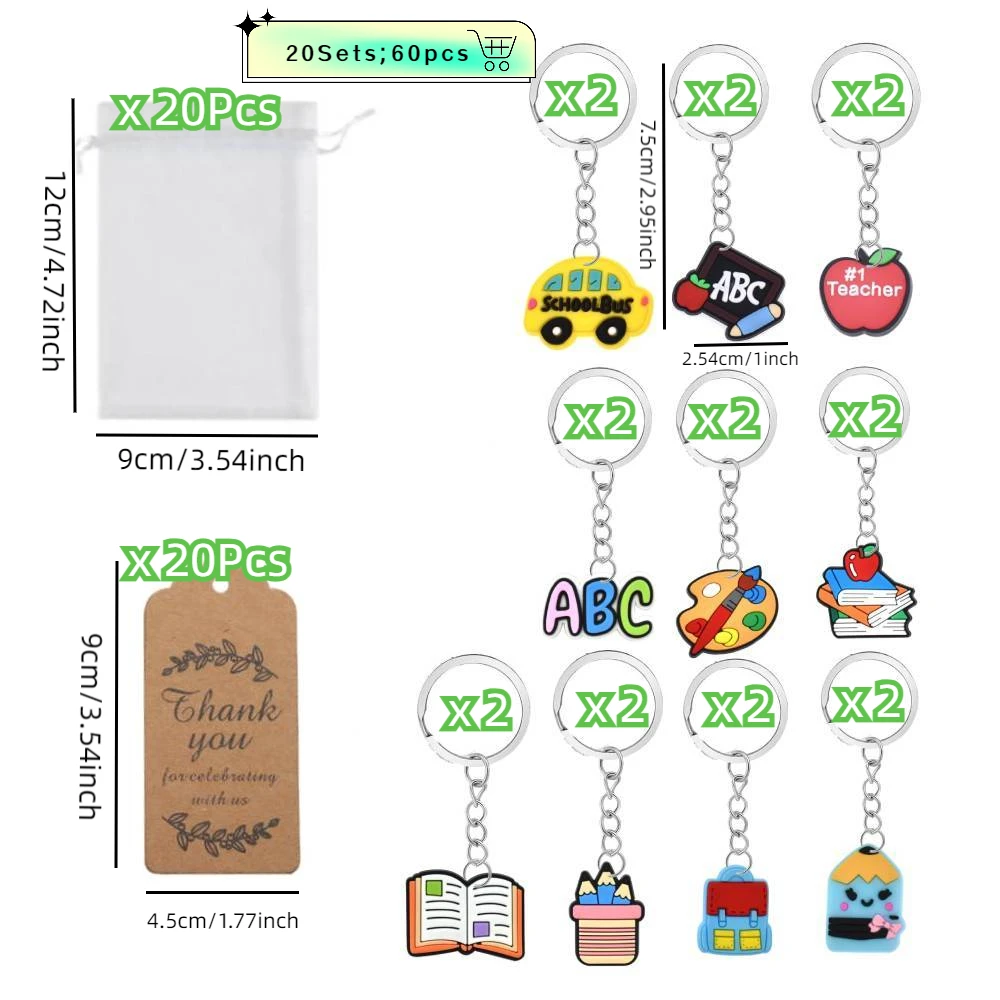 Back to School Gift Set 20pcs Keychains First Day of School Cards and Organza Bags for Students Classroom Gifts