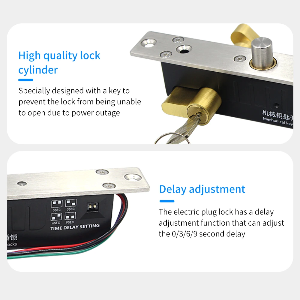 12V/24V DC Electric Lock Magnetic Deadbolt Time Delay Fail Secure Mortise Drop Bolt Lock Electronic Door Lock with Key Cylinder