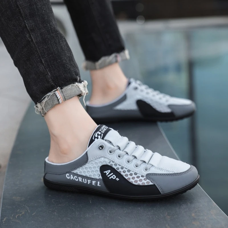 남성 신발, 남성용 여름 야외 신발, 캐주얼 비치 스니커즈, 속이 빈 운전 하프 슬리퍼, 간결한 컴포트 남성 슬리퍼