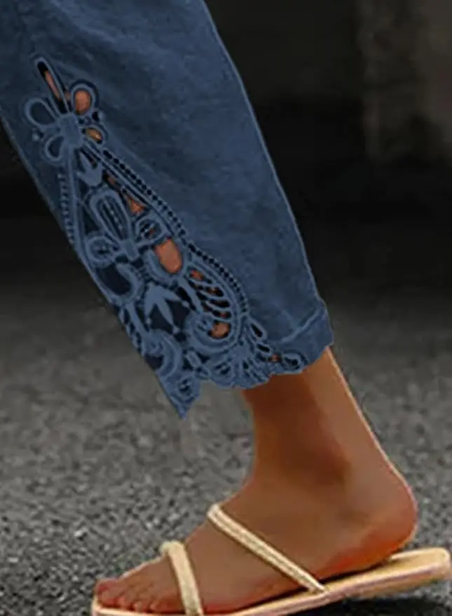 2026 Women's Pants Elastic Waist Solid Color Lace Spliced Drawstring Pocket Simple Fashion Basic Casual 9-point Pants