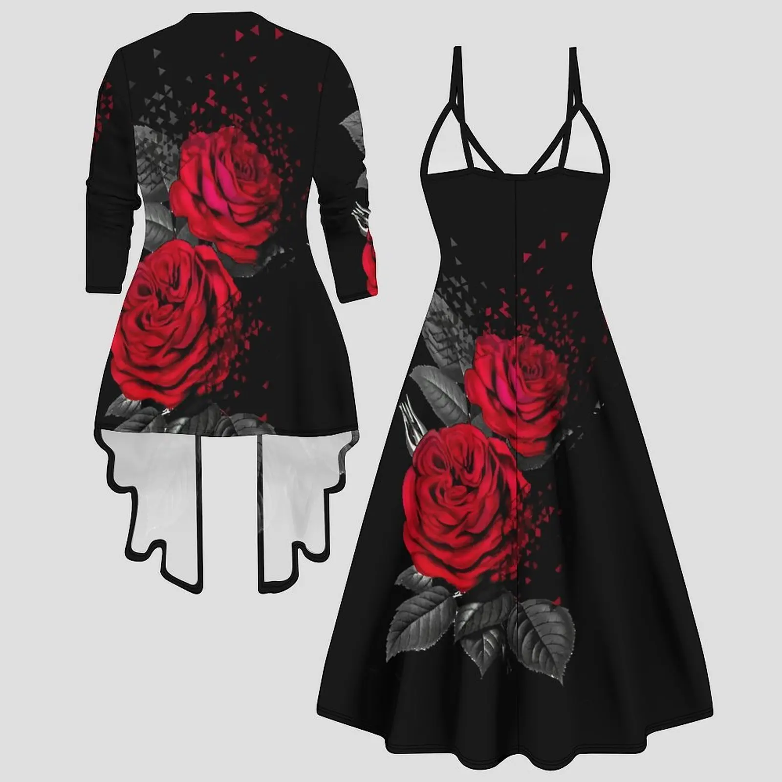 Fashion Print  Two Piece Set for Women V Neck Midi Dress 3/4 Sleeve Asymmetric Hem Open Front Cardigan Casual Holiday Outfit