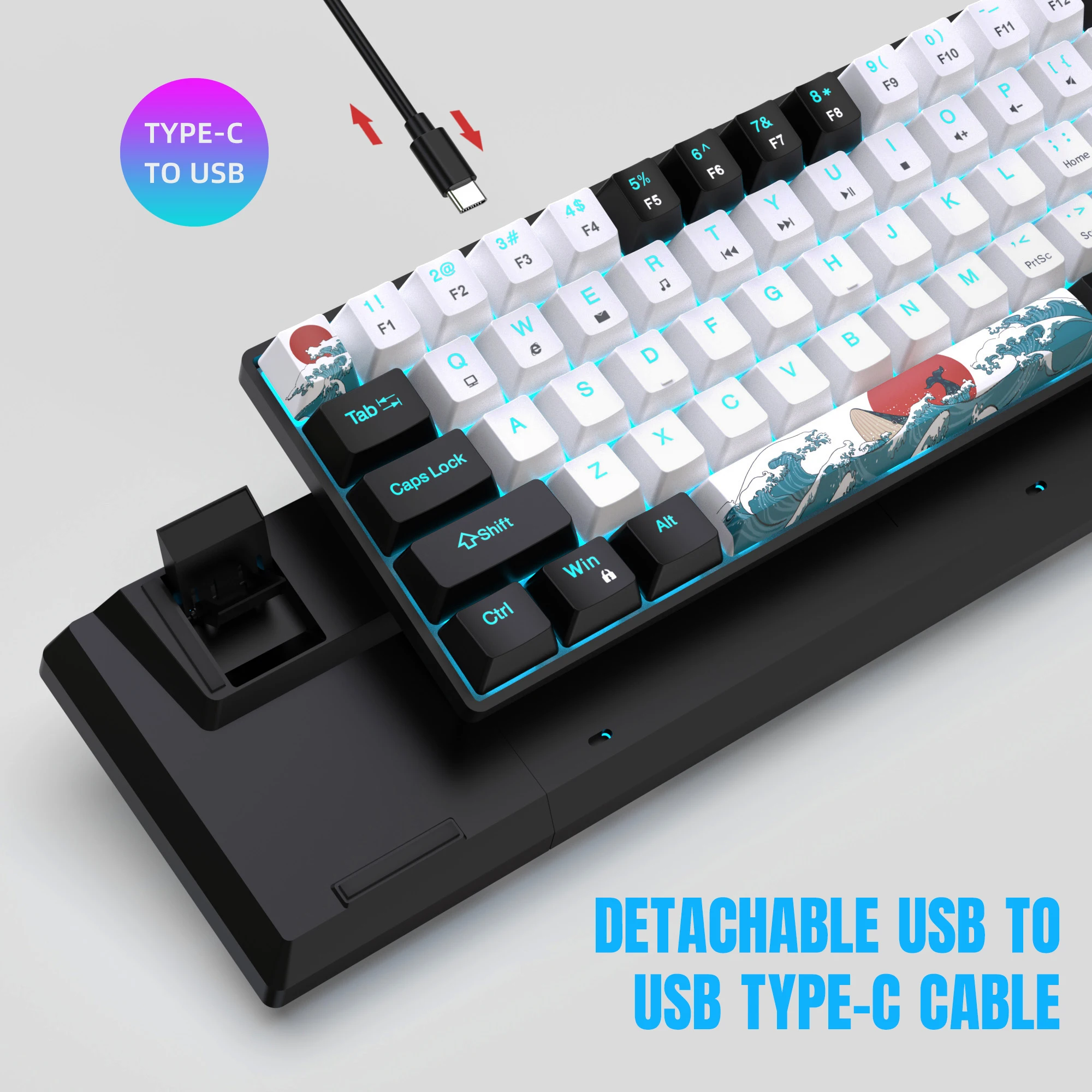 Mechanical Gaming Keyboard, 68 Keys Gaming Keyboard With Blue/Switches, Detachable Type-C Cable Mini Keyboard With Blue Light