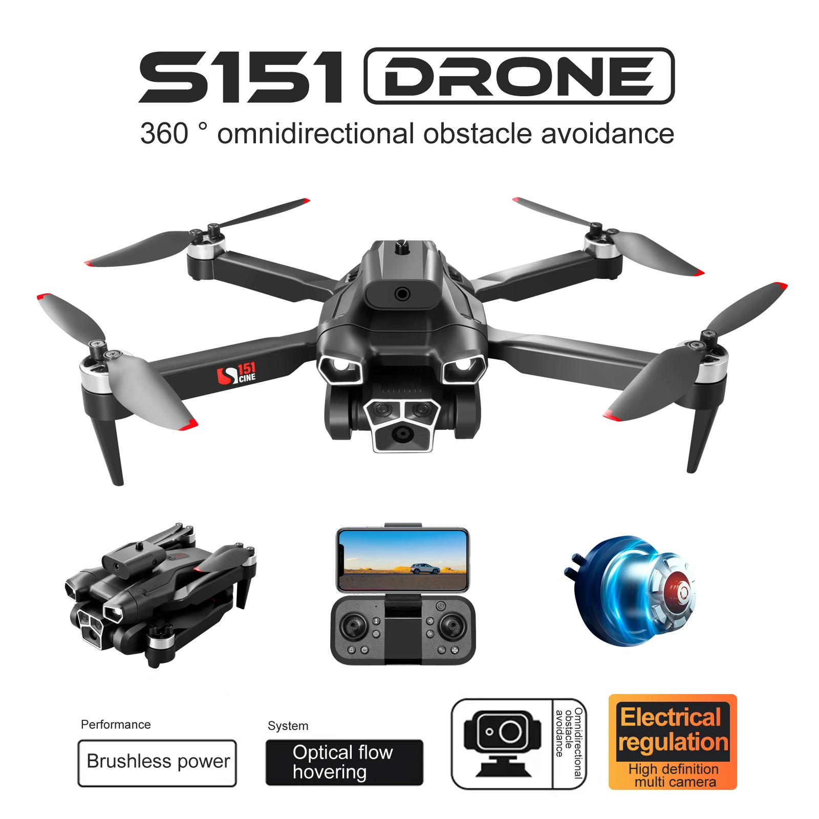 

S151 Rc Drone Three Camera Remote Control Quadcopter Optical Flow Brushless Uav Hd Four-Axis Obstacle Avoidance Aircraft