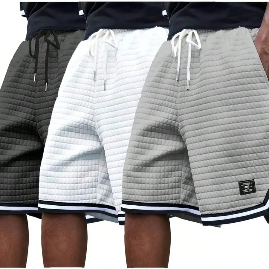 3pcs Mens Summer Casual Quilted Jogger Shorts With Drawstring Waist