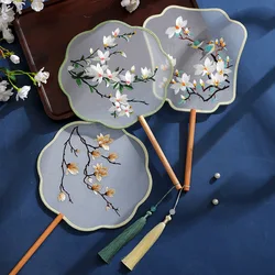 Embroidered Group Fan Ancient Style Fan Summer Long Handled Tassel Dance Hanfu Palace Fan Children's Cheongsam Round Fan