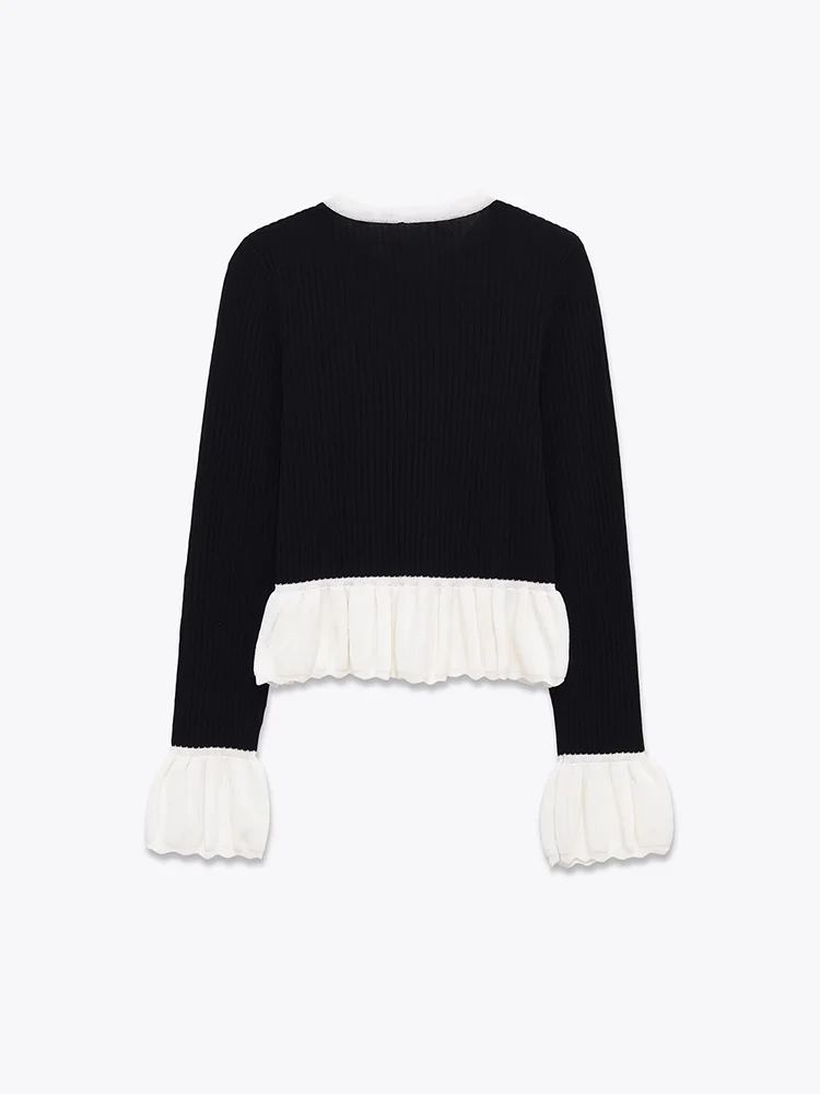 Giacca patchwork lavorata a maglia girocollo in colore a contrasto con temperamento tutto-fiammifero alla moda da donna in stile europeo