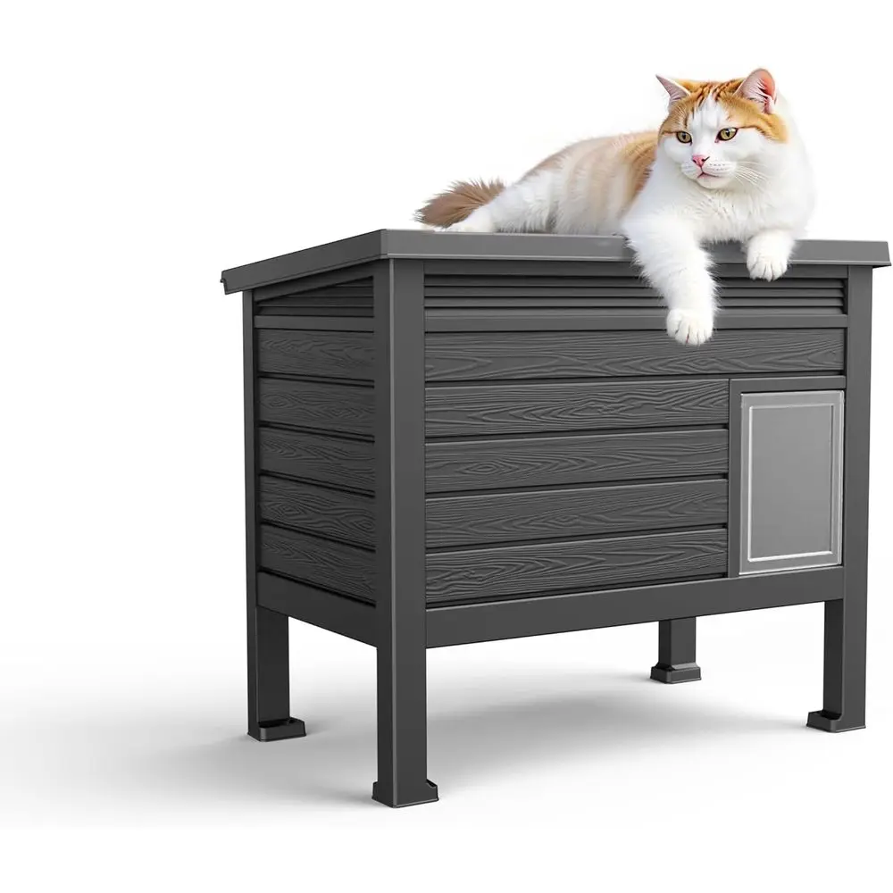 

Outdoor Cat House, Resin Waterproof Cat Houses with Elevated Floor & Ventilation, Cat Shelters for Indoor & Outdoor Use (Black,