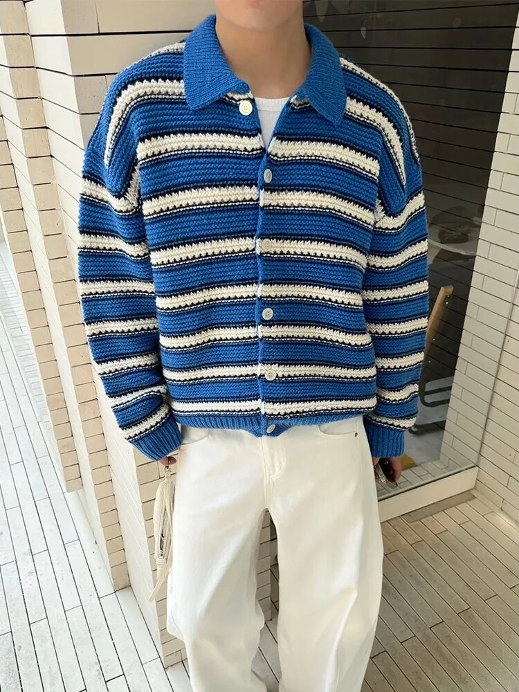 

Trendy Striped Knitwear Jaet Men's Loose Outerwear Autumn Open Cardigan Casual Sle Polyester Blend Long Sve Collar