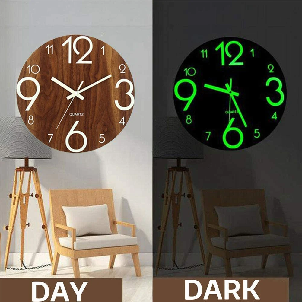 Luminous Large Wall Clock,12 Inch Wooden Silent Non-Ticking Kitchen Wall Clocks for Indoor/Outdoor Living Room