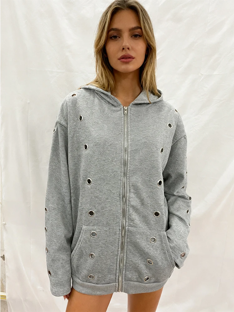 

Autumn and winter Harajuku Ins High Street trendy metal decoration zipper hooded cardigan sweatshirt Gothic y2k clothing