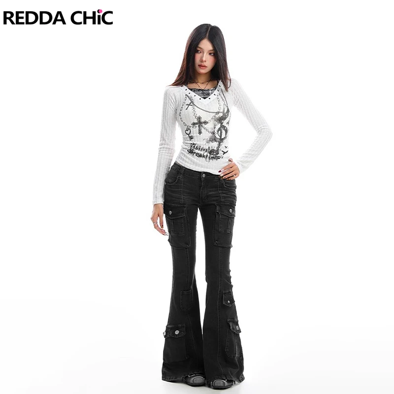 

REDDACHiC женские джинсы-карго с низкой посадкой, потертые старые усы, узкие брюки с несколькими карманами, модная уличная одежда в стиле гранж Acubi