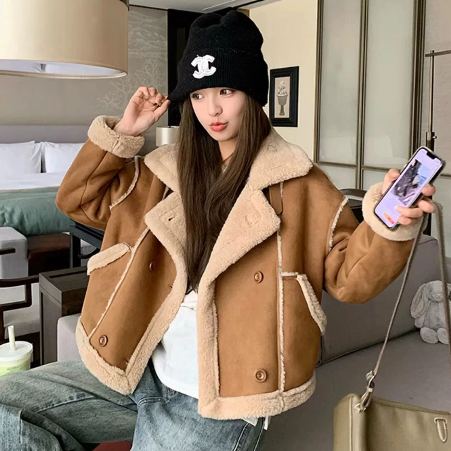 

Imitation Suede Winter Lamb New Jacket Short Thick Splicing Women Warmth Coats