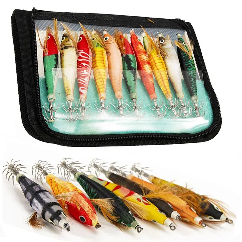 

Squid Fishing Lure Jigs Saltwater Shrimp Prawn Lures 10Pcs Cuttlefish Sleeve Octopus Hard Fishing Baits Set with Tackle Box