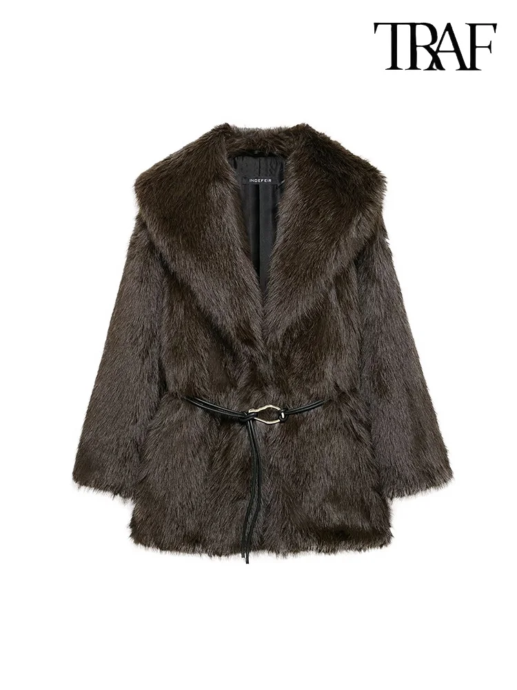

TRAF European and American retro style brown faux fur effect in long fashion coat coat autumn and winter new women's clothing